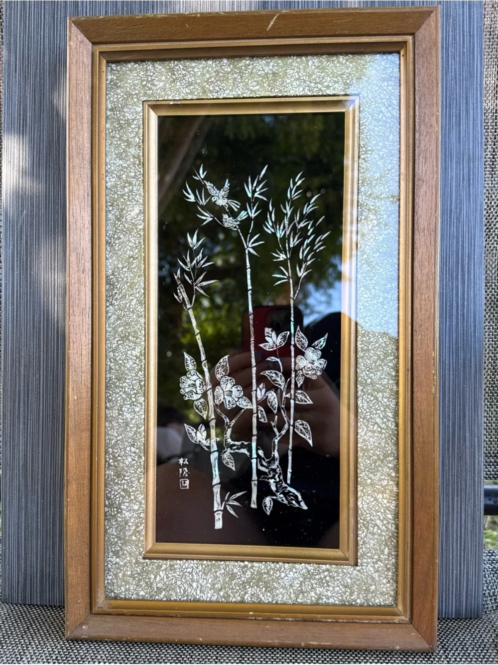 Vintage Abalone Scratch Painting Framed Art Bamboo Wall Hanging MCM 14x7